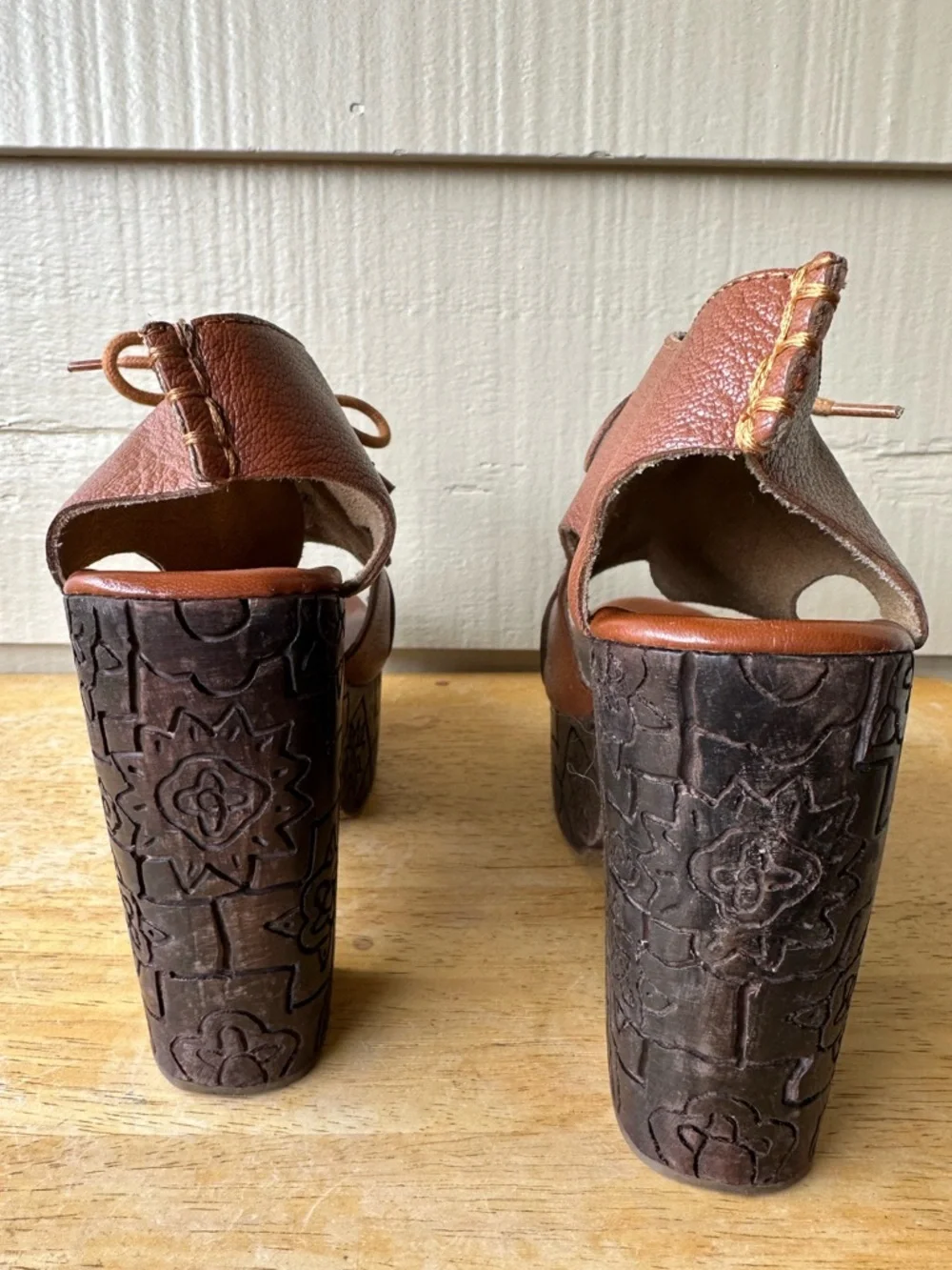 Free People Farrah Brown Leather Wooden Heel Engraved Platform Sandal Brown